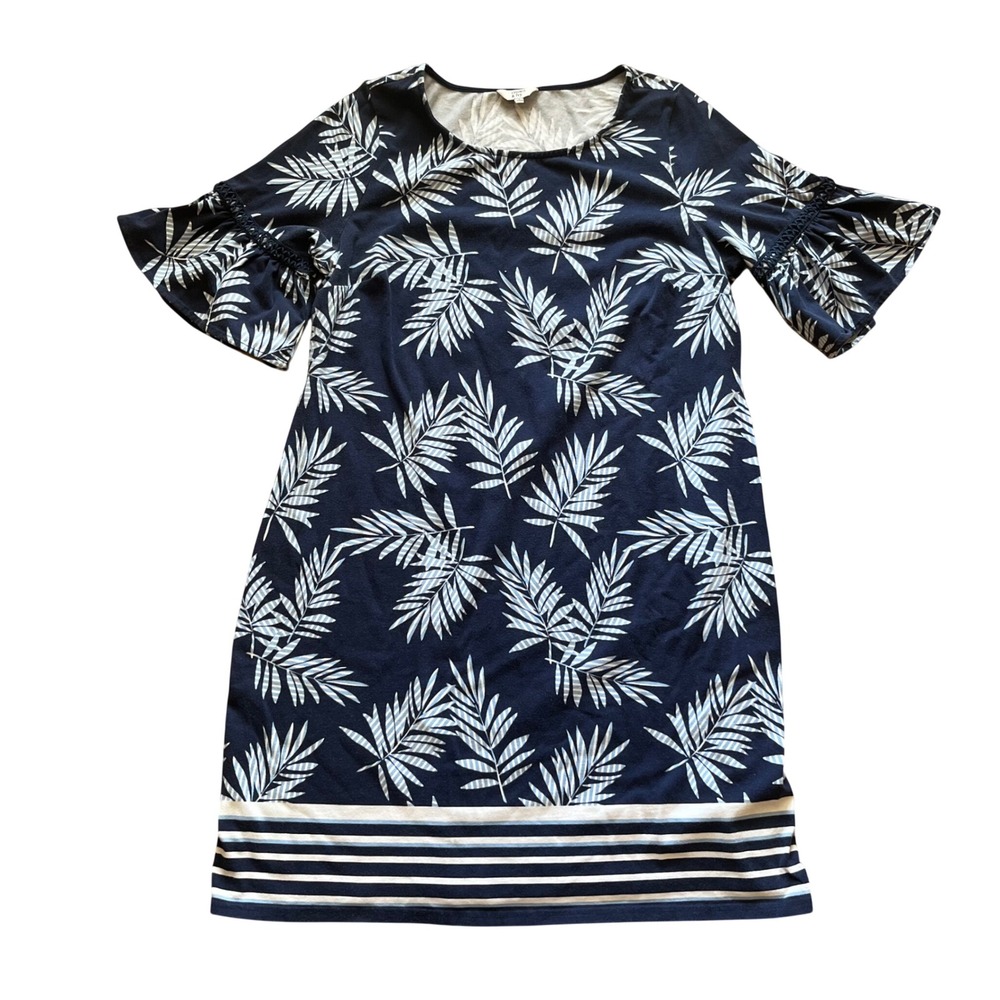 Crown & Ivy Navy Blue Tropical Palm Leaf Striped Hem Bell Sleeve Dress Large
